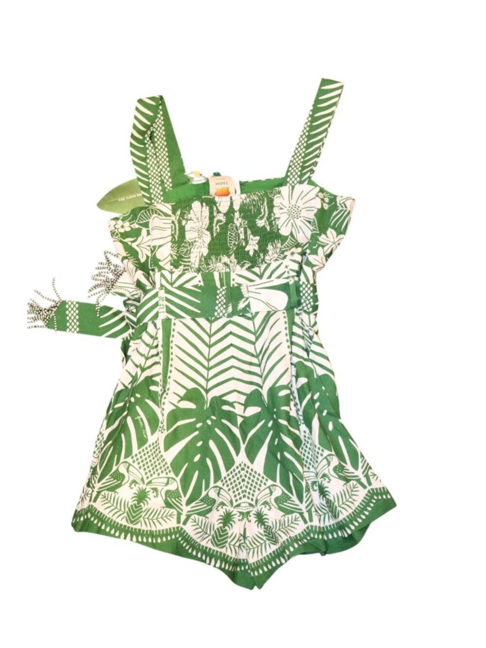 Farm Rio Macaw Elegance Off-White & Green Linen Romper, Large NWT - Picture 2 of 5